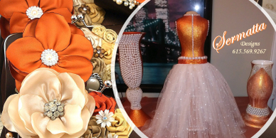 Elegant floral accessories and a sparkling tulle dress on a mannequin.