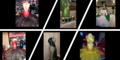 Creative dress forms featuring colorful, artistic designs and decorations.