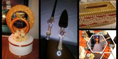 Decorative wedding cake, ornate cake utensils, and embellished tissue box with bridal photos.