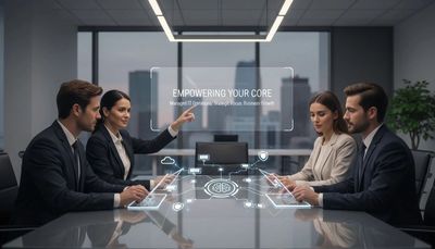 Business professionals interact with futuristic digital interface in a modern office.