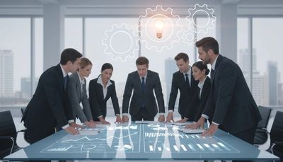 Business team collaborating over futuristic digital data in a modern office.