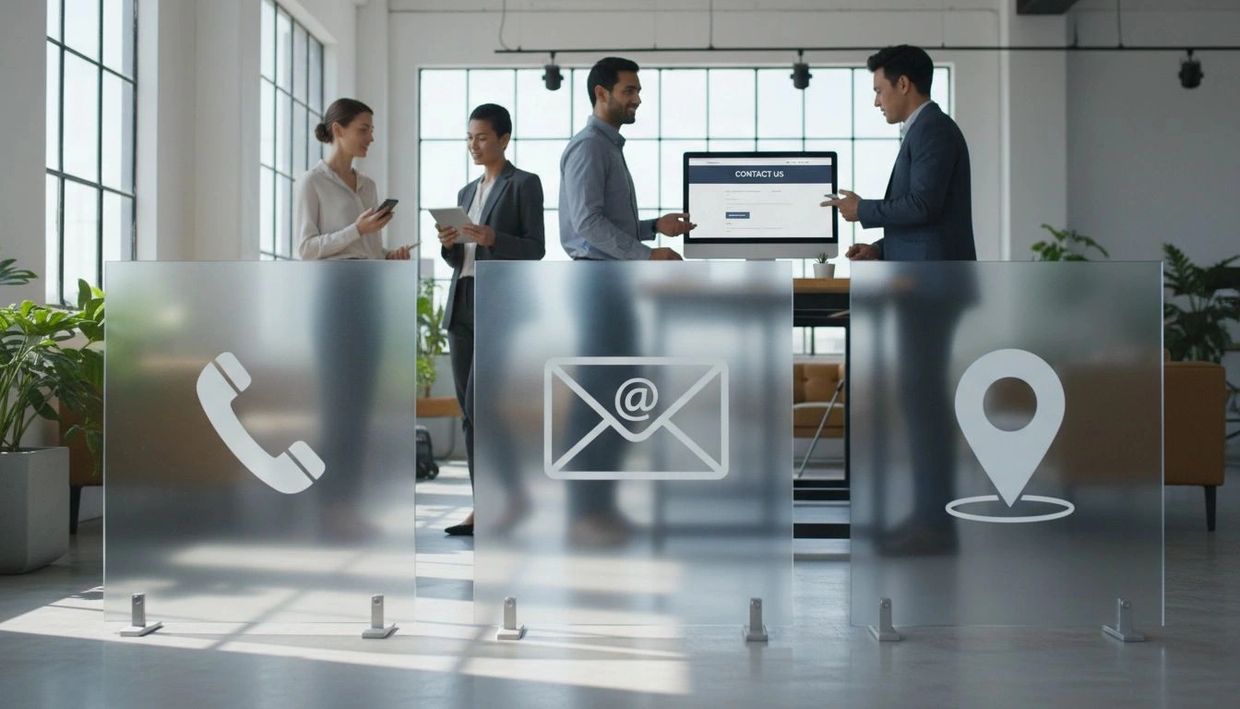 Business professionals discuss contact methods in a modern office setting.