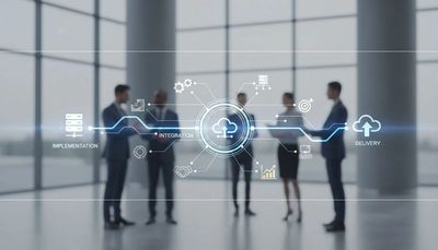 Business professionals discussing cloud implementation, integration, and delivery.