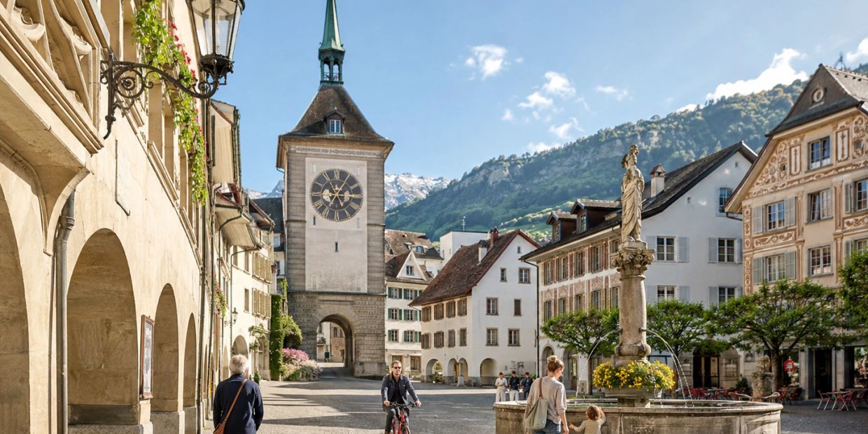 Historic town square with clock tower and fountain.