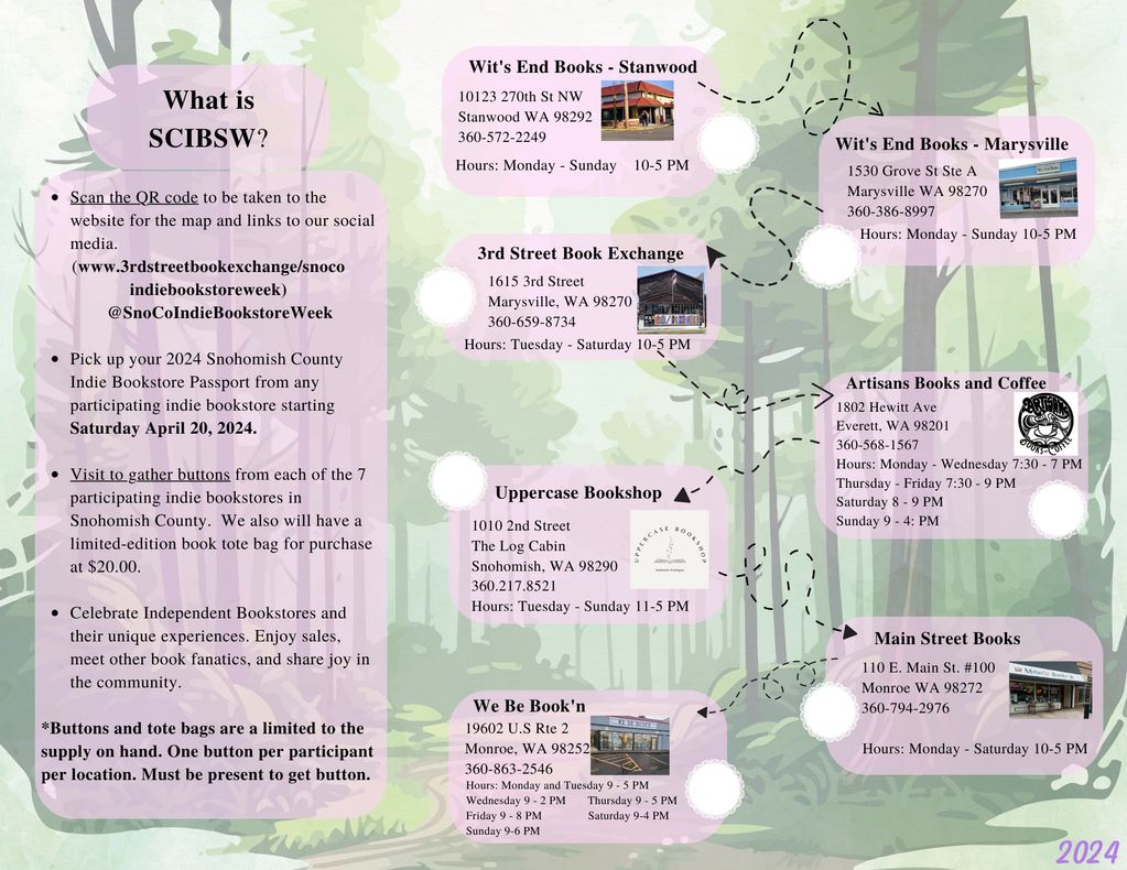 Document with image of tress and text boxes explaining the tour and information for each bookstore. 