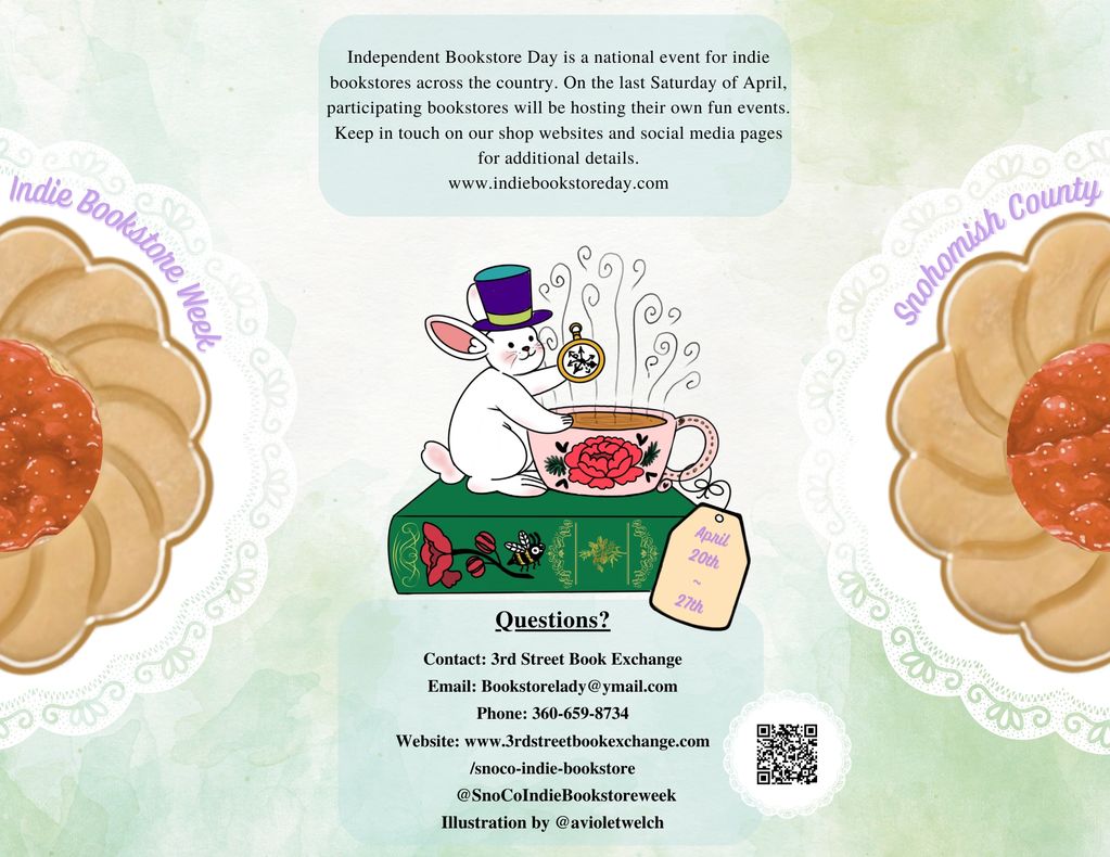 Cover of passport with a rabbit, tea cup, and book.