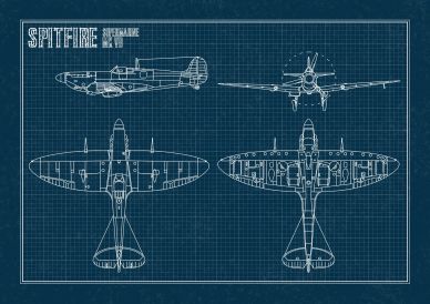 Blueprint of the Spitfire XF aircraft showing multiple views.