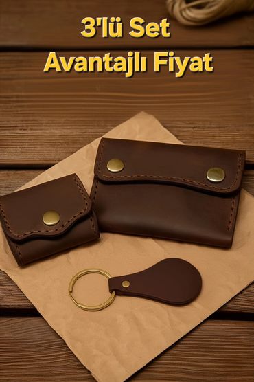 3-piece brown leather set with wallet, cardholder, and keychain.