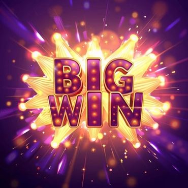 Bright, flashy 'BIG WIN' text with glowing lights and stars on purple background.