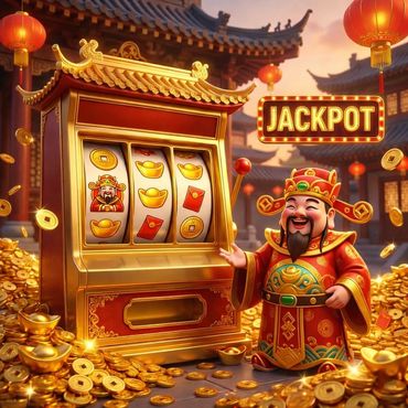A joyful figure celebrates hitting the jackpot on a golden slot machine surrounded by coins.