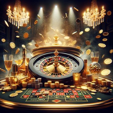 Luxurious golden casino roulette with coins, chips, and chandeliers in an opulent setting.