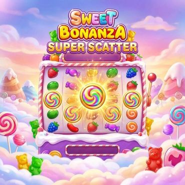 Colorful Sweet Bonanza slot machine with candy and fruit symbols in a dreamy, candy-filled sky.