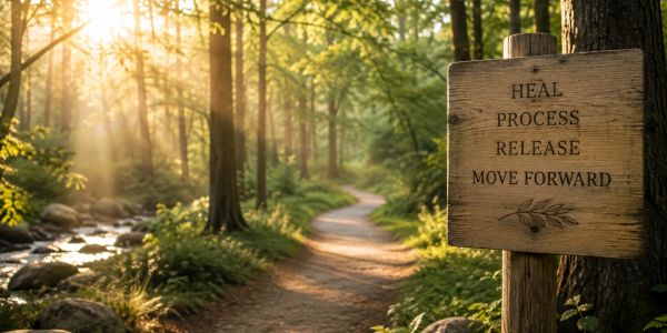 Sunlit forest path with a wooden sign reading “Heal, Process, Release, Move Forward.”