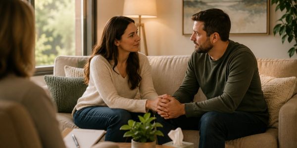Couple sitting together, holding hands and having a meaningful conversation.