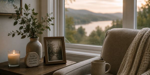 Cozy chair by a window with a candle, plant, framed photo, and peaceful lake view.