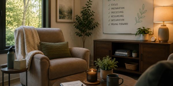 Calm therapy room with an EMDR Intensive preparation checklist and comfortable seating.