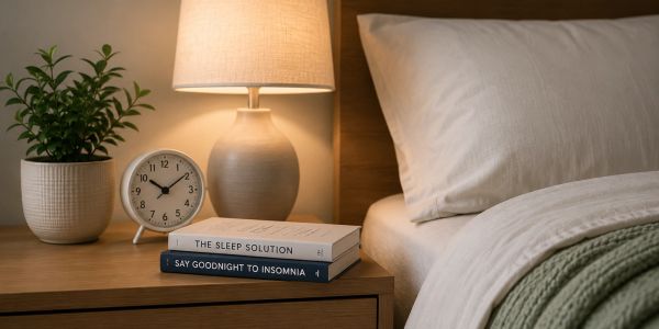 Cozy bedside table with a lamp, clock, plant, and books about sleep beside a neatly made bed.