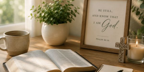 Open Bible with a journal, plant, candle, and framed Psalm 46:10 verse.