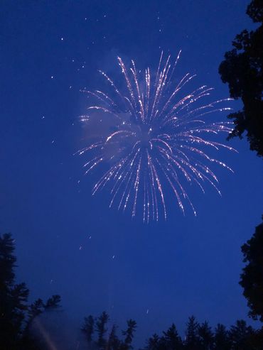 Fireworks exploding over the tall trees surrounding the activity field on the 4th of July