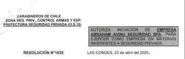 Resolución OS10 de Carabineros N 1635 del 23 de Abril de 2025 donde autoriza funcionamiento