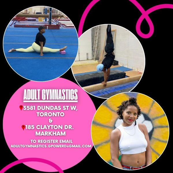 Adult gymnastics class advertisement with locations in Toronto and Markham.