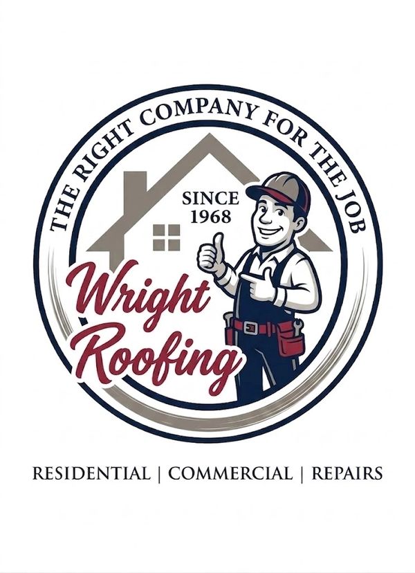 Wright Roofing logo featuring a roofer and company details.