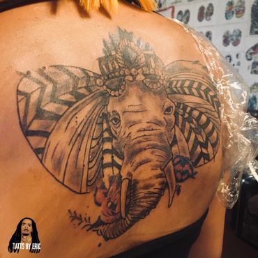 Elephant back tattoo done by Eric Delshun at Indigo Tattoo Shop in Memphis Tn/Dave’s tattoos
