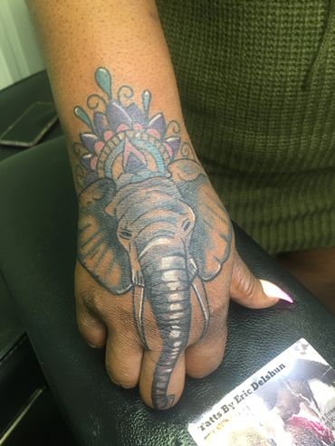 Elephant hand tattoo done by Eric Delshun at Indigo Tattoos Shop in Memphis Tn
