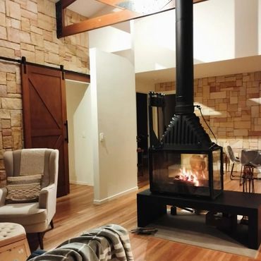 Sculpt wood fireplace freestanding install on the Sunshine Coast.
