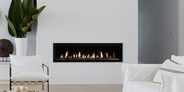 Lopi lienar gas fireplace install clean modern installation on the Sunshine Coast.