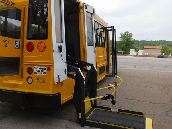 Yellow school bus with a wheelchair lift