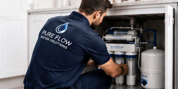 A Pure Flow employee working on an under-the-sink system.