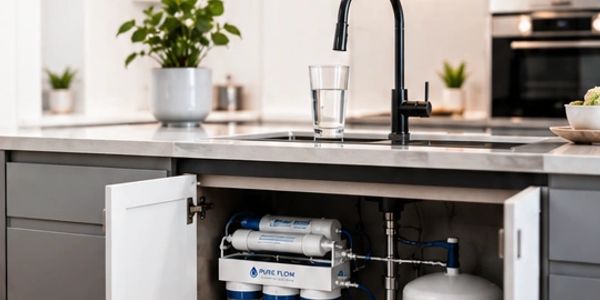 A picture of a sink with a glass of water and open under-the-counter doors, revealing a Pure Flow un