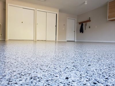 100% flake epoxy garage floor perfect for both residential and commercial spaces.