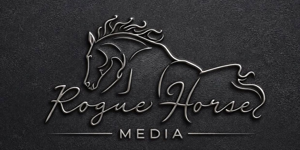 Elegant metallic logo of Rogue Horse Media with a horse outline.