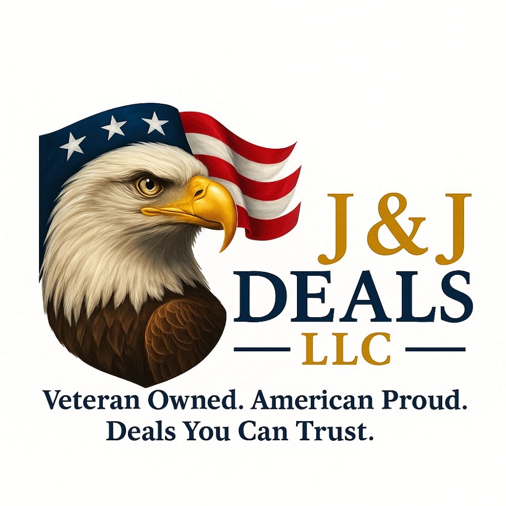 J & J deals llc log with an eagle. Veteran owned. american proud. deals you can trust.