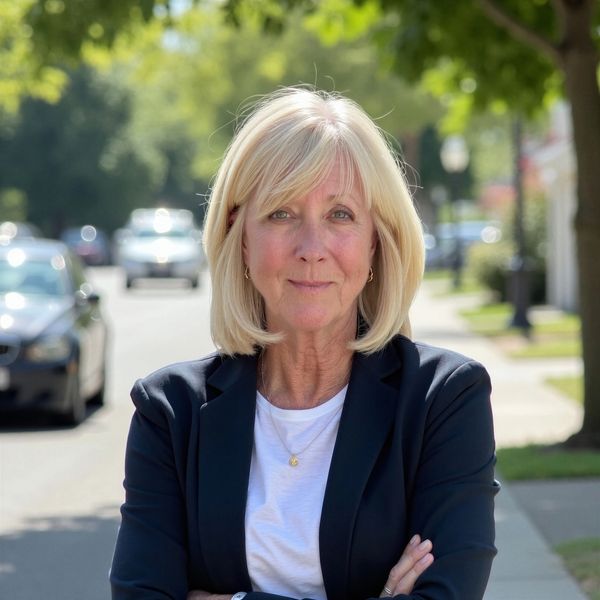 Confident older woman with blonde hair outdoors.