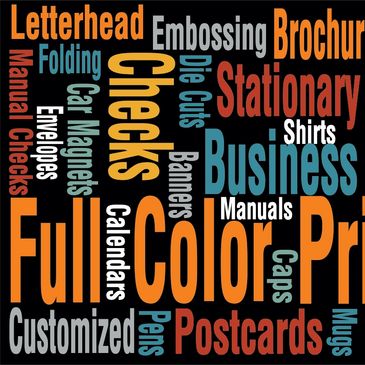 printing, business cards, letterhead, forms, envelopes, postcards,  checks, labels, folder, brochure