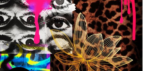 A digital collage that was made to represent ChicAgain, with its bold brand colors and shapes.