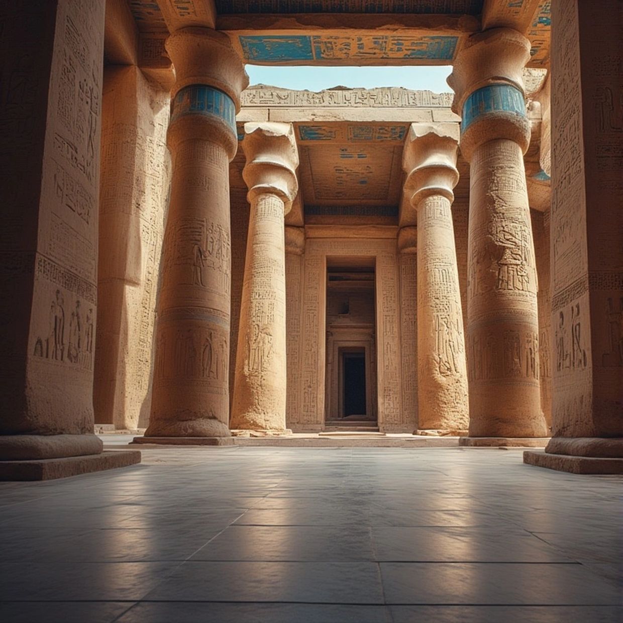 The sacred pillared Hall of an Ancient Egyptian Temple, open to the sky