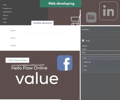 Web development page with create account form and social media icons.