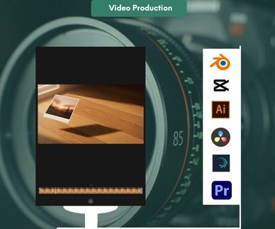 Video production workflow with popular editing software icons.