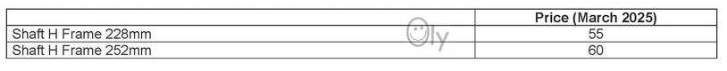 Table showing prices for Shaft H Frame sizes in March 2025.