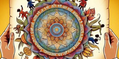Colorful mandala art with Hindi script, held by two hands on parchment.