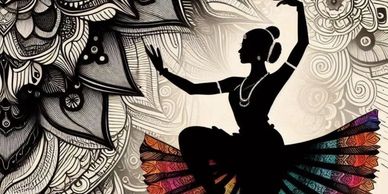 Silhouette of a dancer with intricate floral patterns and colorful skirt.