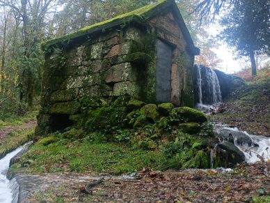 Moinho antigo, com queda agua, Muito musgo, paisagens verdejantes.