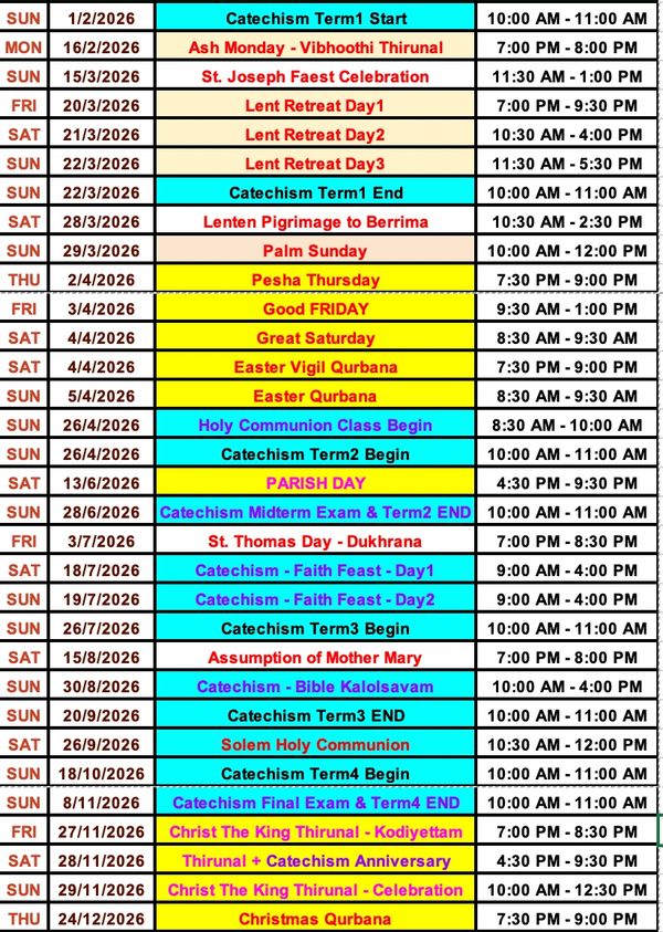 Christian liturgical events and catechism schedule for 2026.