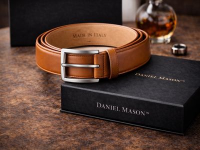 Elegant brown leather belt made in Italy, displayed on a black Daniel Mason box.
