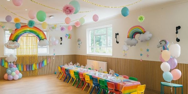 Colorful rainbow and unicorn themed kids' party setup with balloons and decorations.