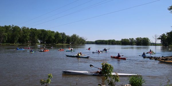 Group of kayakers paddling on a calm river under clear blue sky.